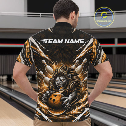 Custom Black And Gold Lion Bowling Jerseys, Lion Bowling Tournament Men Quarter-Zip Shirt IPHW10354