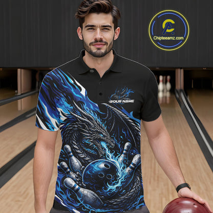 Custom Blue Flame Dragon Bowling Men Polo Team Shirts, Bowling Tournament Shirt IPHW10359