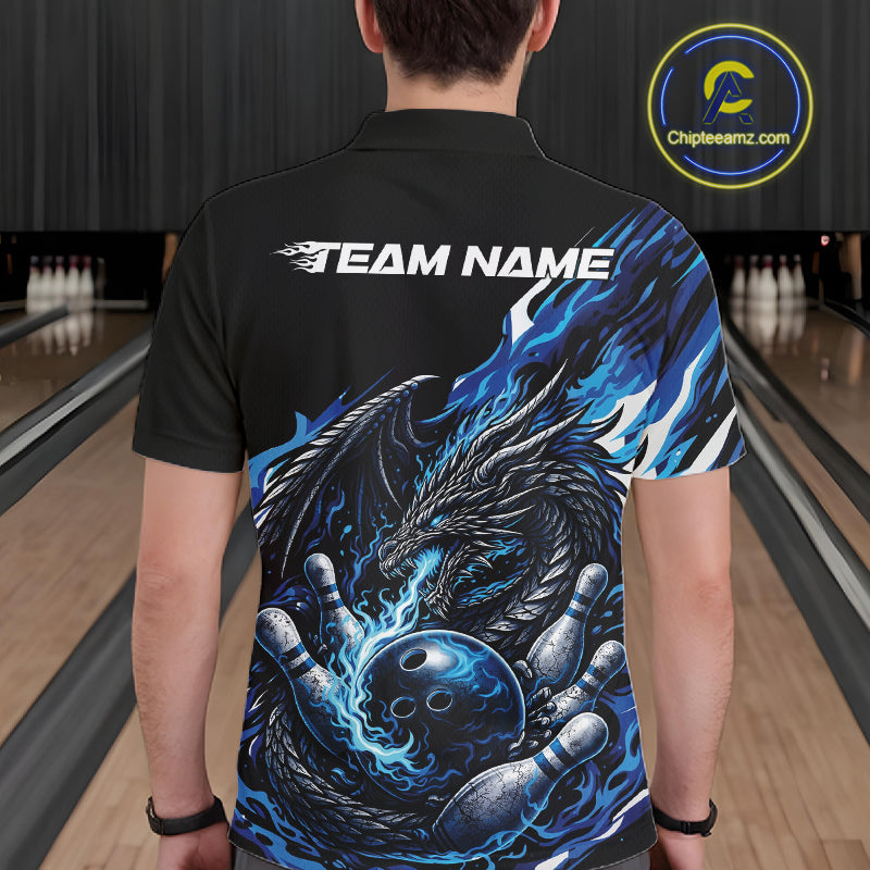 Custom Blue Flame Dragon Bowling Men Polo Team Shirts, Bowling Tournament Shirt IPHW10359