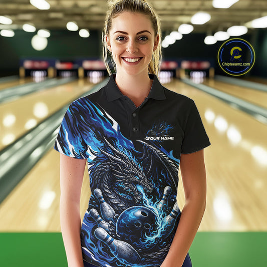 Custom Blue Flame Dragon Bowling Women Polo Team Shirts, Bowling Tournament Shirt IPHW10359