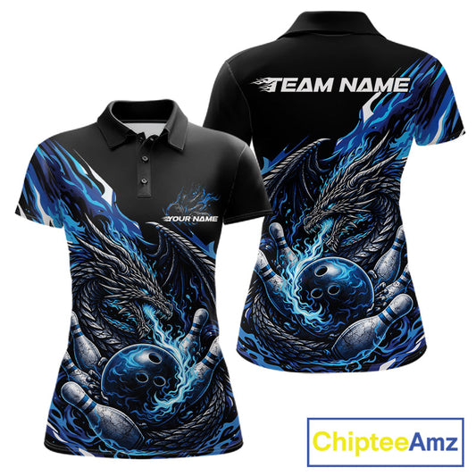 Custom Blue Flame Dragon Bowling Women Polo Team Shirts, Bowling Tournament Shirt IPHW10359