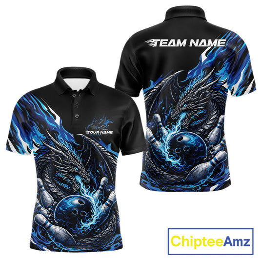 Custom Blue Flame Dragon Bowling Men Polo Team Shirts, Bowling Tournament Shirt IPHW10359