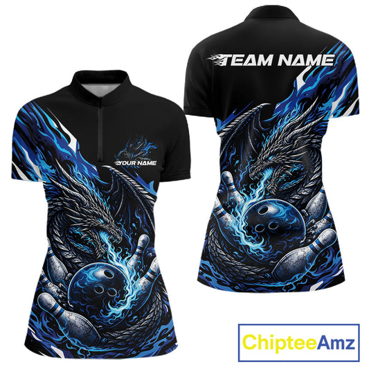 Custom Blue Flame Dragon Bowling Women Quarter-Zip Team Shirts, Bowling Tournament Shirt IPHW10359