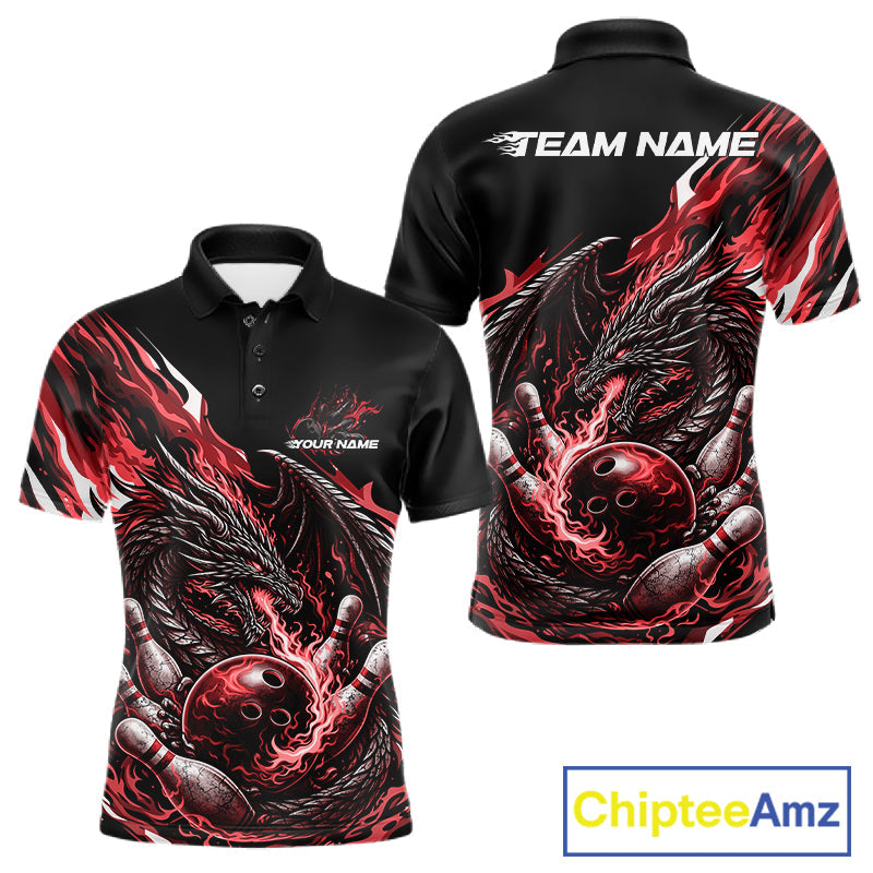 Custom Red Flame Dragon Bowling Men Polo Team Shirts, Bowling Tournament Shirt IPHW10360