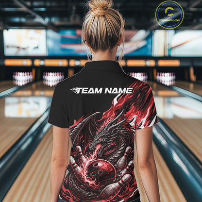 Custom Red Flame Dragon Bowling Women Quarter-Zip Team Shirts, Bowling Tournament Shirt IPHW10360