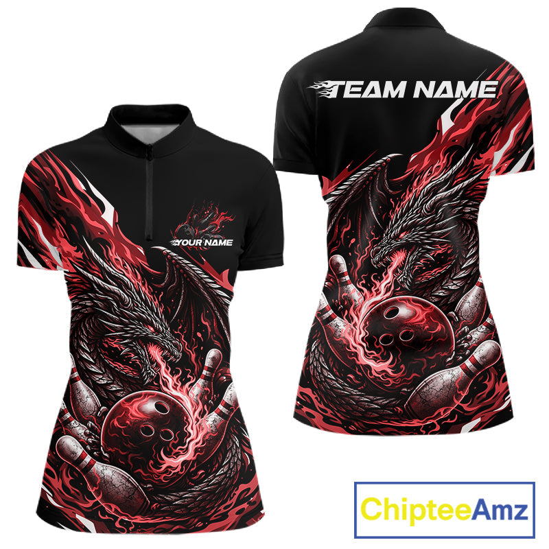 Custom Red Flame Dragon Bowling Women Quarter-Zip Team Shirts, Bowling Tournament Shirt IPHW10360