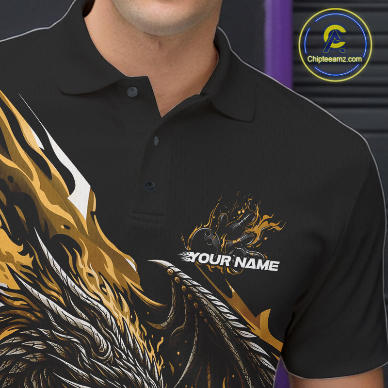 Custom Yellow Flame Dragon Bowling Men Polo Team Shirts, Bowling Tournament Shirt IPHW10361