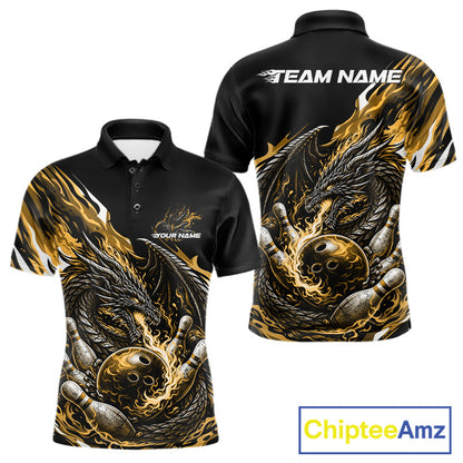Custom Yellow Flame Dragon Bowling Men Polo Team Shirts, Bowling Tournament Shirt IPHW10361