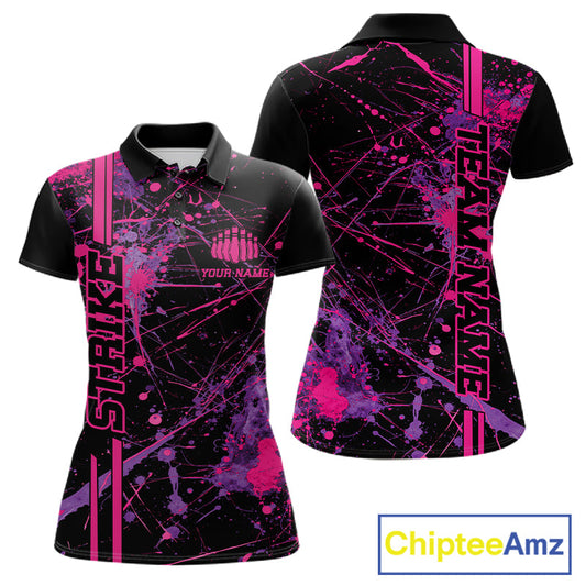 Custom Purple And Pink Splatter Camo Strike Bowling League Shirts, Women Bowling Jerseys IPHW10649