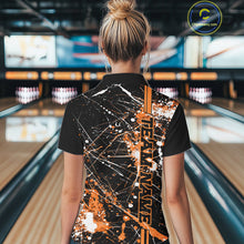 Load image into Gallery viewer, Custom Black And Orange Splatter Camo Strike Bowling League Shirts, Women Bowling Jerseys IPHW10650