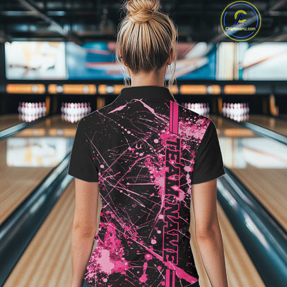 Custom Black And Pink Splatter Camo Strike Bowling League Shirts, Women Bowling Jerseys IPHW10651