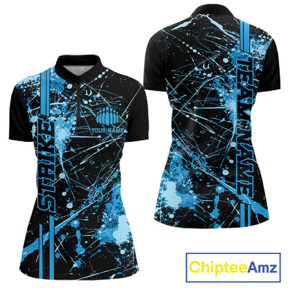 Custom Black And Blue Splatter Camo Strike Bowling League Shirts, Women Bowling Jerseys IPHW10652