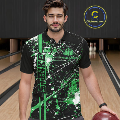 Custom Black And Green Splatter Camo Strike Bowling League Shirts, Men Bowling Jerseys IPHW10653