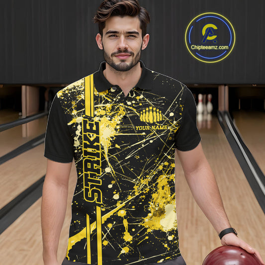 Custom Black And Yellow Splatter Camo Strike Bowling League Shirts, Men Bowling Jerseys IPHW10654
