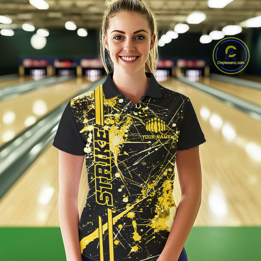 Custom Black And Yellow Splatter Camo Strike Bowling League Shirts, Women Bowling Jerseys IPHW10654