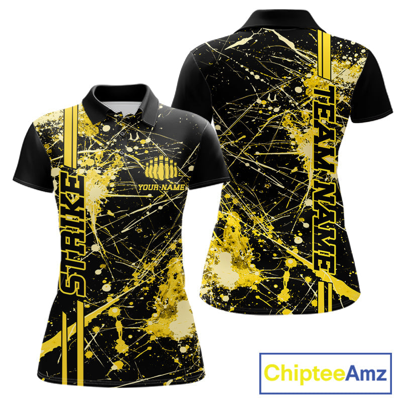 Custom Black And Yellow Splatter Camo Strike Bowling League Shirts, Women Bowling Jerseys IPHW10654