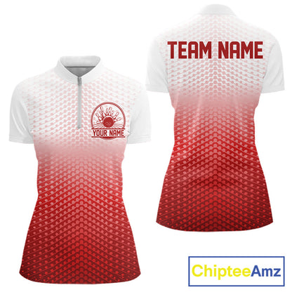 Custom Name Red Bowling Jerseys Women, Bowling League Quarter-Zip Shirt Bowler Outift IPHW10656