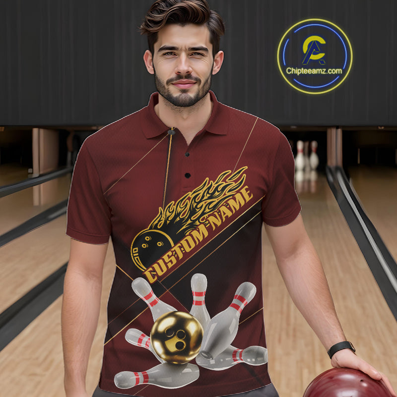 Custom Red And Gold Bowling Shirts For Men, Flame Bowling Team Shirts Bowling Uniform IPHW10660