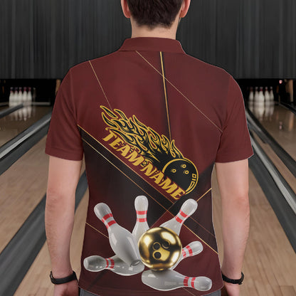 Custom Red And Gold Bowling Shirts For Men, Flame Bowling Team Shirts Bowling Uniform IPHW10660