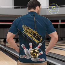 Load image into Gallery viewer, Custom Blue And Gold Bowling Shirts For Men, Flame Bowling Team Shirts Bowling Uniform IPHW10661