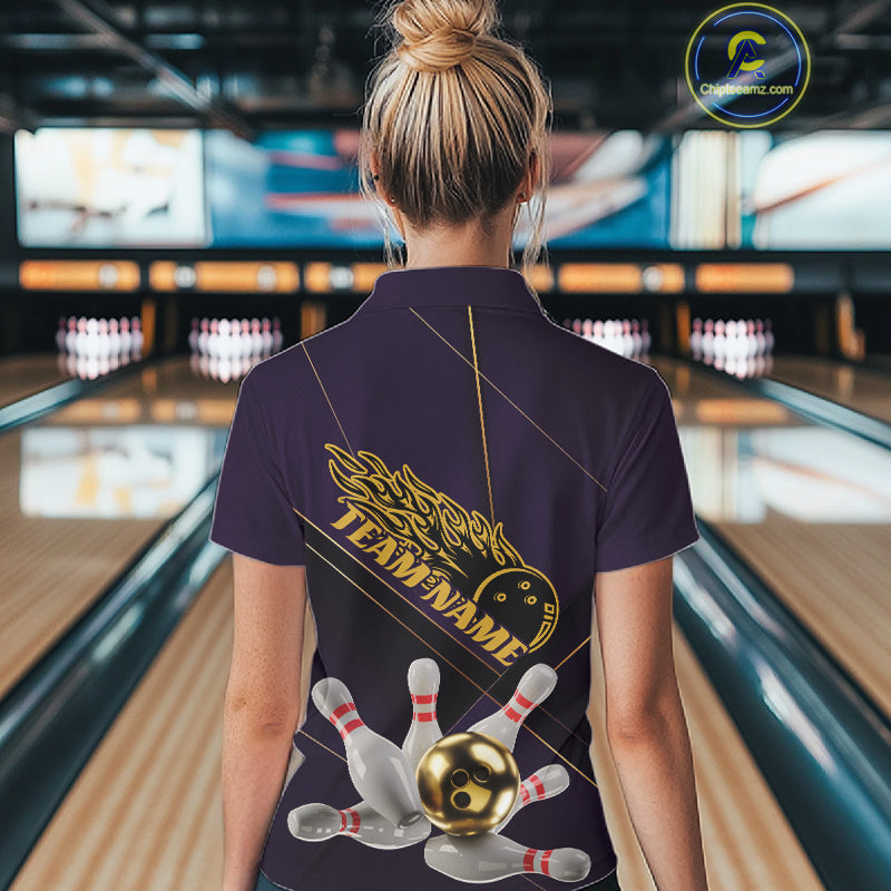 Custom Purple And Gold Bowling Shirts For Women, Flame Bowling Team Shirts Bowling Uniform IPHW10662