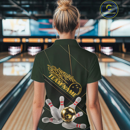 Custom Green And Gold Bowling Shirts For Women, Flame Bowling Team Shirts Uniform IPHW10663