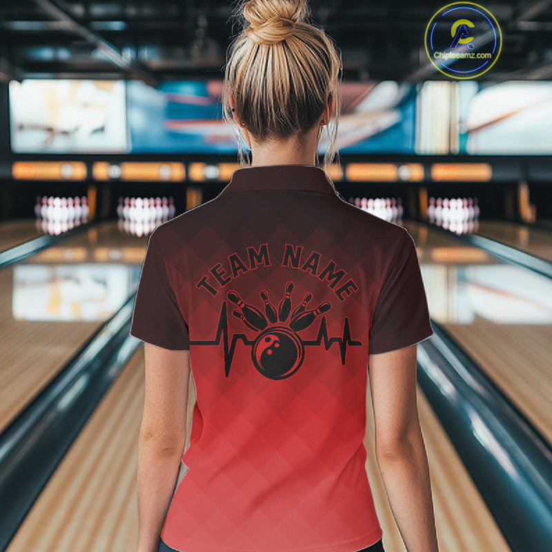 Bowling Heartbeat Pulse Line Red Argyle Custom Bowling Team Polo Shirts For Women IPHW10664