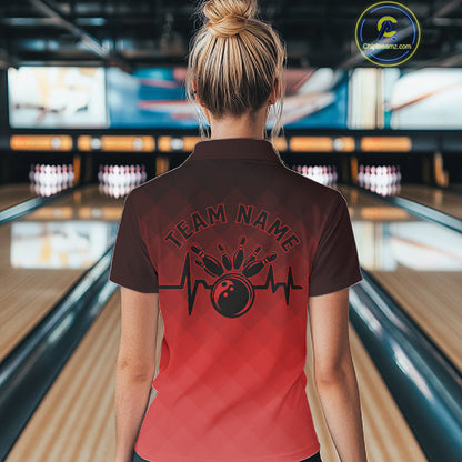 Bowling Heartbeat Pulse Line Red Argyle Custom Bowling Team Polo Shirts For Women IPHW10664