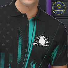 Load image into Gallery viewer, Custom Turquoise Blue US Flag Patriotic Men Bowling Shirt, American Flame Bowling Jersey IPHW11149