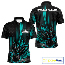 Load image into Gallery viewer, Custom Turquoise Blue US Flag Patriotic Men Bowling Shirt, American Flame Bowling Jersey IPHW11149