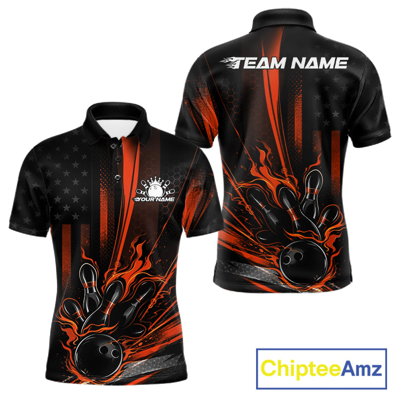 Front and back view of a black and orange men’s bowling polo shirt featuring a distressed American flag theme with a patriotic bowling ball striking pins.