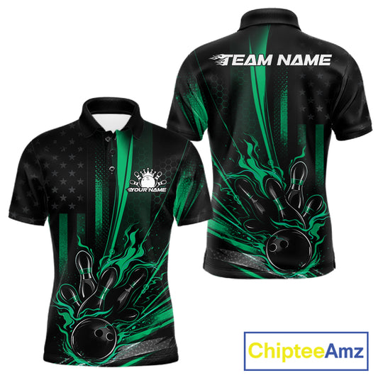 Front and back view of a black and green men’s bowling polo shirt featuring a distressed American flag theme with a patriotic bowling ball striking pins.