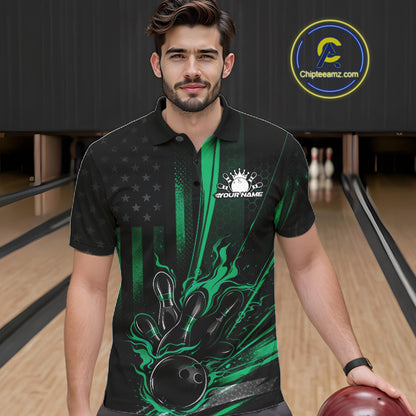Male model wearing a black and green bowling polo shirt at a bowling lane with patriotic bowling strike artwork and flag-inspired details.