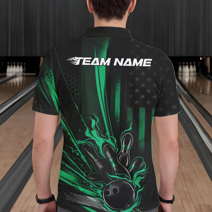 Back view of a male model in a bowling center wearing a black and green polo featuring a flaming bowling ball and distressed flag design.