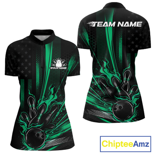 Front and back view of a black and green women’s bowling quarter-zip shirt featuring a distressed American flag theme with a patriotic bowling ball striking pins.