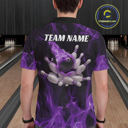 Back view of a male model in a bowling alley wearing a black and purple polo featuring bowling strike artwork and flame background.