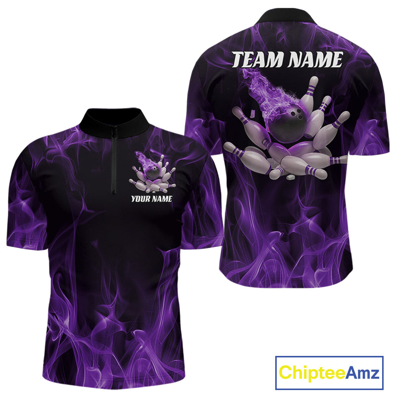 Front and back view of a black and purple mens bowling quarter-zip shirt featuring a bowling ball crashing into scattered pins with bold flame artwork.