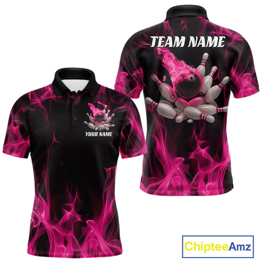 Front and back view of a black and pink men’s bowling polo shirt featuring a bowling ball crashing into scattered pins with a flames background.