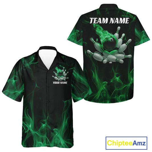 Front and back view of a black and green button-up bowling shirt featuring a bowling ball crashing into scattered pins with a flames background.