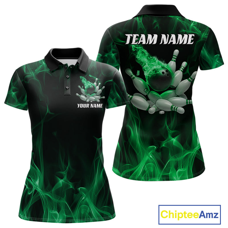 Front and back display of a black and green womens bowling polo shirt featuring a bowling ball crashing into scattered pins against a dramatic flames background.