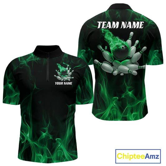 Front and back mockup of a black and green mens bowling quarter-zip shirt featuring a bowling ball crashing into scattered pins with a blazing flame background.