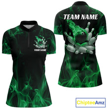 Load image into Gallery viewer, Green Fire Bowling Ball And Pins Custom Shirts For Women, Flame Bowling Team Jersey IPHW11154