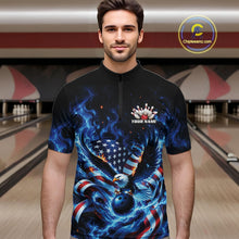 Load image into Gallery viewer, Front view of a male model in a bowling lane wearing a quarter zip shirt with flaming eagle motif, blue bowling ball, American flag, and blue flames.