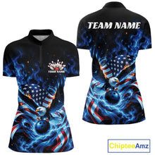 Load image into Gallery viewer, Women’s bowling quarter zip mockup shown front and back with flaming bald eagle, blue bowling ball, American flag, and blue flame accents.