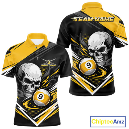 Custom Black And Yellow 9 Ball Skull Billiards Men Polo Shirt, Pool Team Shirt IPHW11739