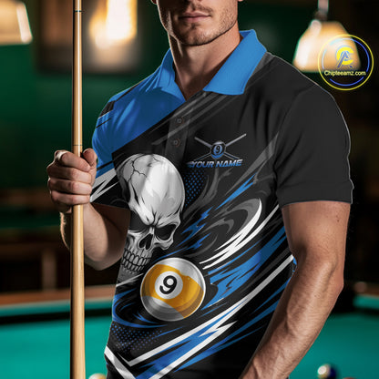 Custom Black And Blue 9 Ball Skull Billiards Men Polo Shirt, Pool Team Shirt IPHW11740