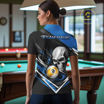 Custom Black And Blue 9 Ball Skull Billiards Women Polo Shirt, Pool Team Shirt IPHW11740