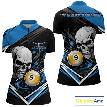 Custom Black And Blue 9 Ball Skull Billiards Women Quarter-Zip Shirt, Pool Team Shirt IPHW11740