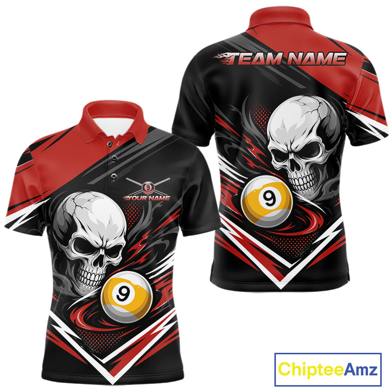 Custom Black And Red 9 Ball Skull Billiards Men Polo Shirt, Pool Team Shirt IPHW11741