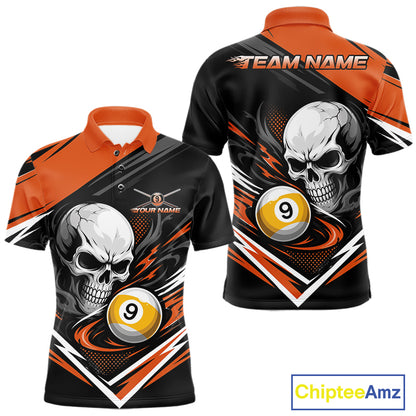 Custom Black And Orange 9 Ball Skull Billiards Men Polo Shirt, Pool Team Shirt IPHW11742